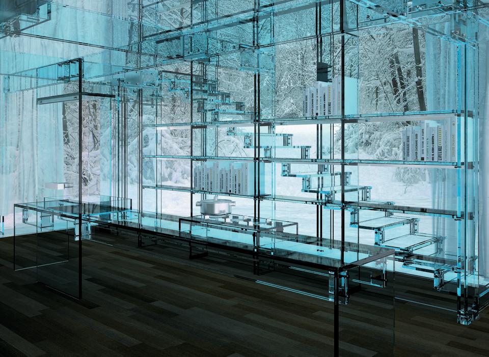 <b>Glass Home, by Santambrogio; Milano, Italy</b> “After the client requested it,” says Santambrogio, “I came up with the project idea.” Almost every feature or piece of furniture is made from glass as well, from the dining room table, to the stairs, to the bookcase.