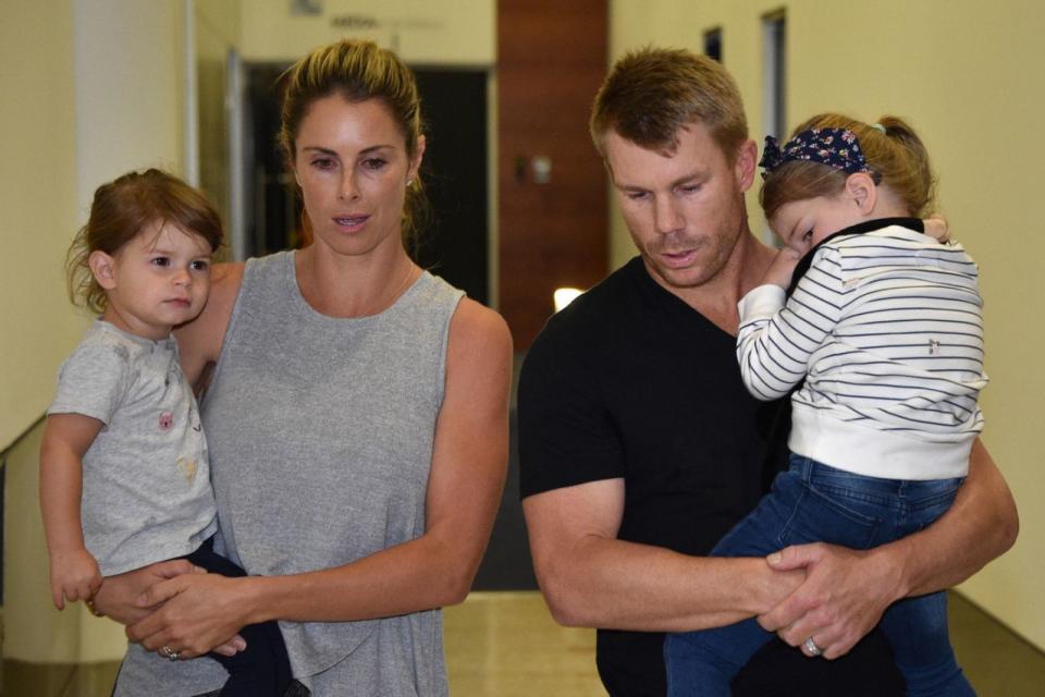 Candice, seen here returning to Sydney with her husband David after his ball-tampering scandal, admitted last month she had a miscarriage not long after. Source: Getty