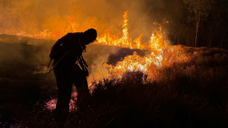 Un bombero extingue un incendio en el municipio de Canta, en el estado brasileño de Roraima, el 29 de febrero de 2024 (Alan Chaves)
