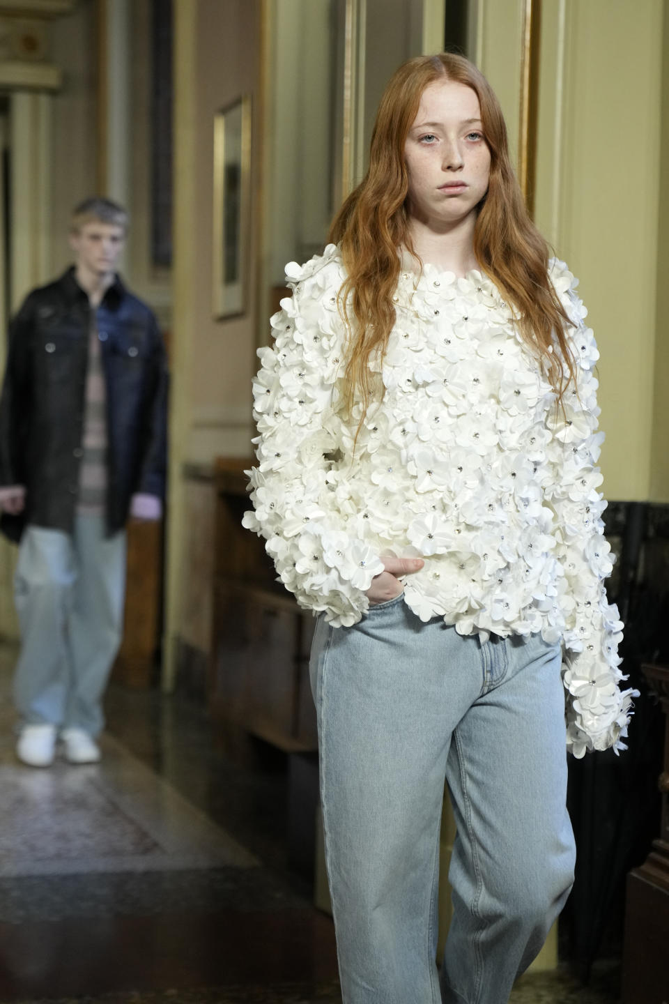 A model wears a creation as part of the Blumarine women's Fall-Winter 2024-25 collection presented in Milan, Italy, Friday, Feb. 23, 2024. (AP Photo/Antonio Calanni)