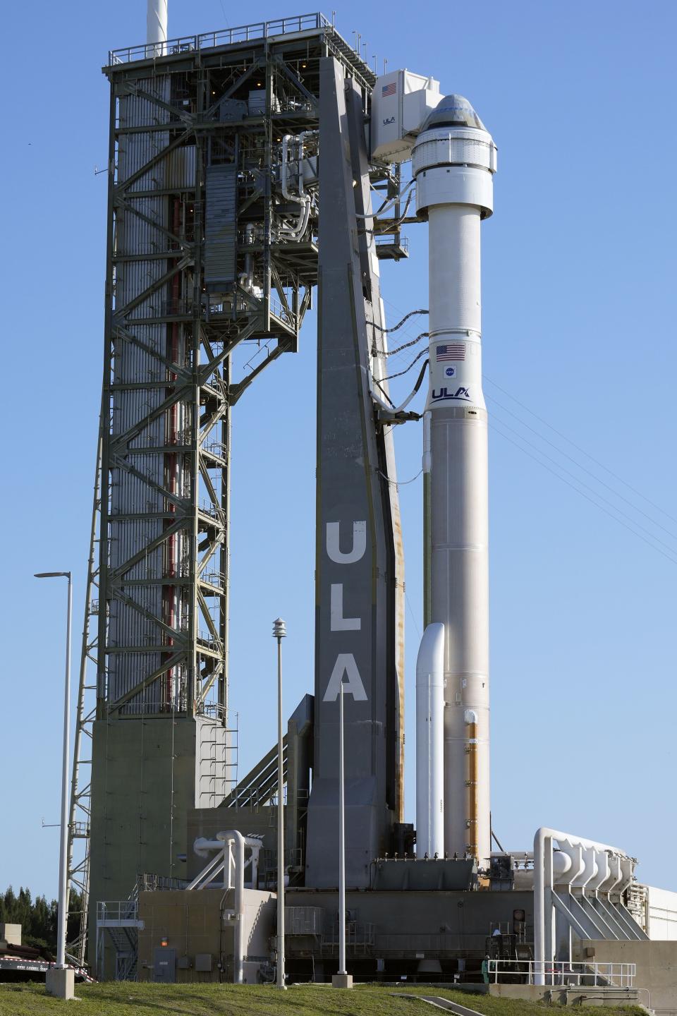 Boeing's Starliner capsule, atop an Atlas V rocket, sits on the launch pad at Space Launch Complex 41 Monday, June 3, 2024, in Cape Canaveral, Fla. NASA astronauts Butch Wilmore and Suni Williams will launch aboard the rocket to the International Space Station, scheduled for liftoff on June 5. (AP Photo/Chris O'Meara)