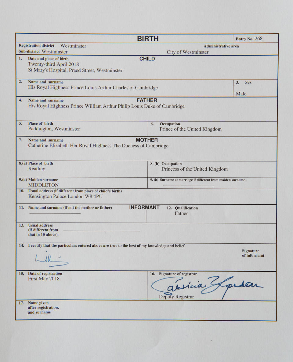 The Duke of Cambridge signed the certificate following the birth of their son, Louis [Photo: PA]