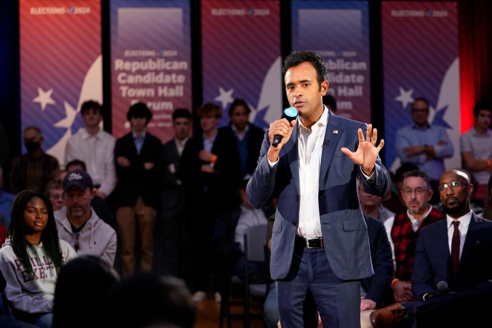 Republican presidential candidate Vivek Ramaswamy speaks during the Seacoast Media Group and USA TODAY Network 2024 Republican Presidential Candidate Town Hall Forum held in the historic Exeter Town Hall in Exeter, New Hampshire. The entrepreneur spoke to prospective New Hampshire voters about issues during the hour-long forum.