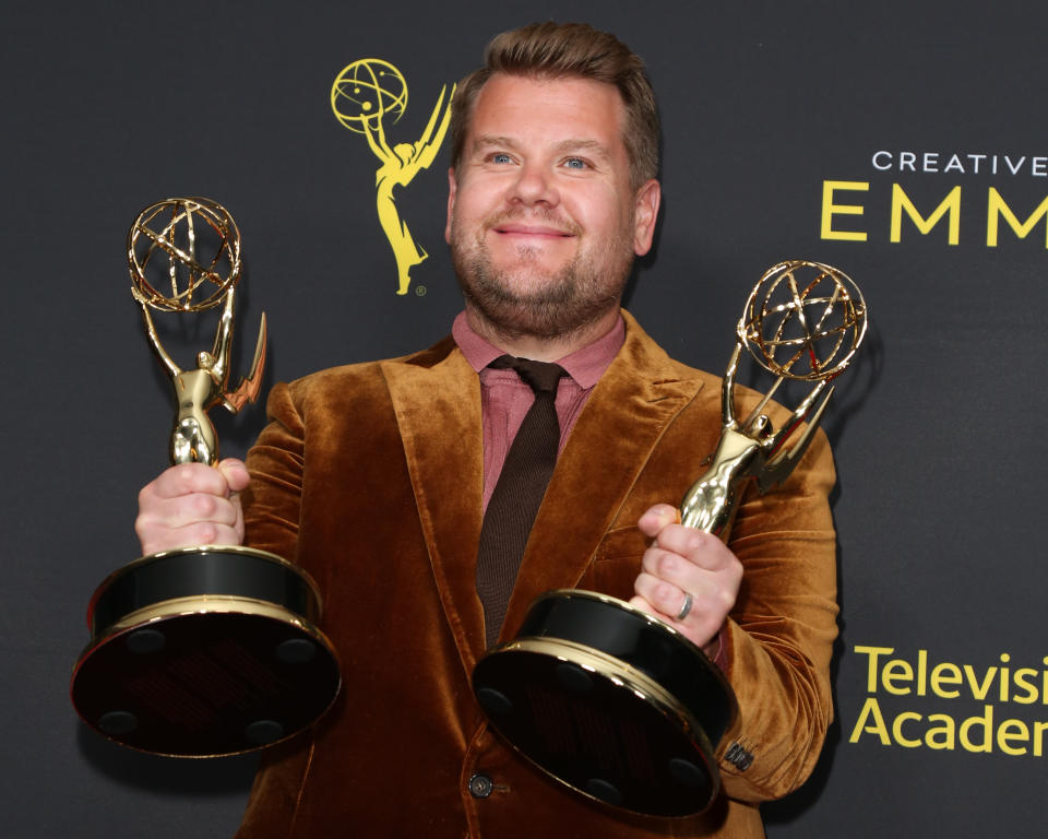 LOS ANGELES, CALIFORNIA - SEPTEMBER 14: James Corden poses for photos in the press room for the 2019 Creative Arts Emmy Awards on September 14, 2019 in Los Angeles, California. (Photo by Paul Archuleta/FilmMagic)