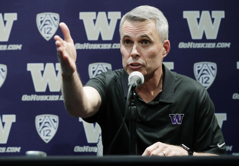 Washington head coach Chris Petersen talks to reporters about his 2019 NCAA college football recruiting class, Wednesday, Feb. 6, 2019, in Seattle. (AP Photo/Ted S. Warren)
