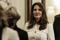 FILE - Idaho Lt. Gov. Janice McGeachin enters the house chambers at the state Capitol building on Jan. 10, 2022 in Boise, Idaho. McGeachin is a GOP candidate for governor. Idaho's primary elections are Tuesday, May 17, 2022. (AP Photo/Otto Kitsinger, File)