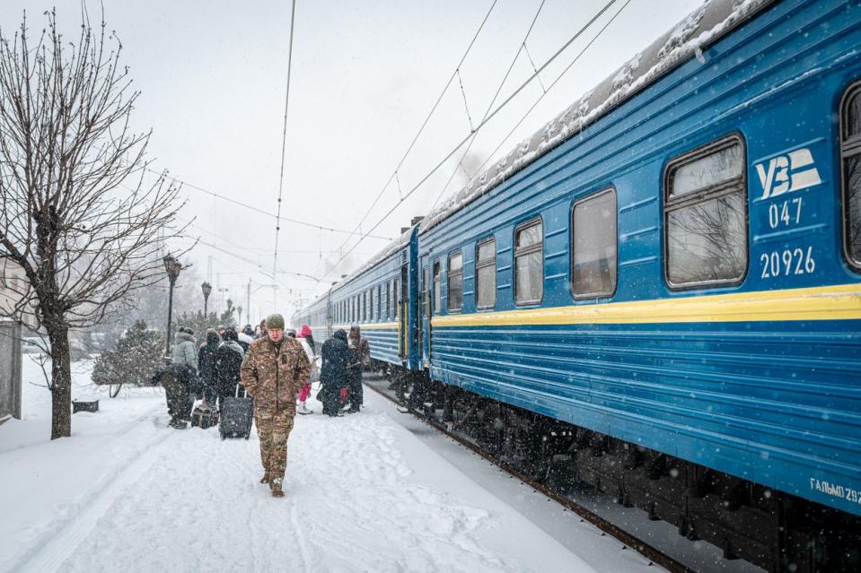 POKROVSK, UKRAINE - JANUARY 8: A Ukrainian serviceman walks along the platform of the train station, in Pokrovsk, Ukraine on Jan. 8, 2024. The villages surrounding the city of Kramatorsk, especially near the area of Bakhmut, are in constant threat of incoming Russian air strikes. (Ignacio Marin/Anadolu via Getty Images)