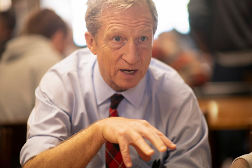 Democratic 2020 U.S. presidential candidate and entrepreneur Tom Steyer makes a campaign stop for lunch at Palmetto Pig BBQ Restaurant in Columbia, South Carolina, U.S. February 28, 2020, the day before the South Carolina Democratic presidential primary. REUTERS/Mark Makela