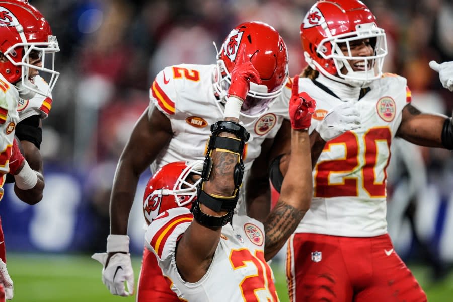 Kansas City Chiefs safety Deon Bush (26) celebrates his interception against the Baltimore Ravens in the end zone during the second half of an AFC Championship NFL football game, Sunday, Jan. 28, 2024, in Baltimore. (AP Photo/Alex Brandon)