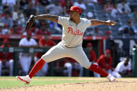 Philadelphia Phillies relief pitcher Gregory Soto throws to a Los Angeles Angels batter during the ninth inning of a baseball game in Anaheim, Calif., Wednesday, May 1, 2024. (AP Photo/Alex Gallardo)