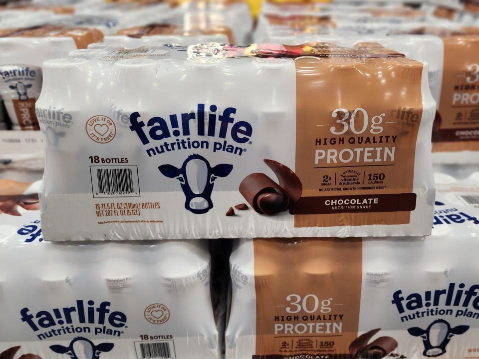 White and brown package of Fairlife nutrition plan protein shakes at Costco