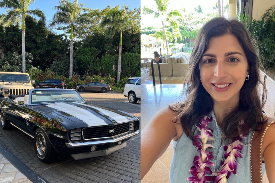 A split image shows a vintage, black-and-white, convertible car outside the Four Seasons Maui at Wailea on the left, and a woman on the left wearing a purple lei inside the hotel.