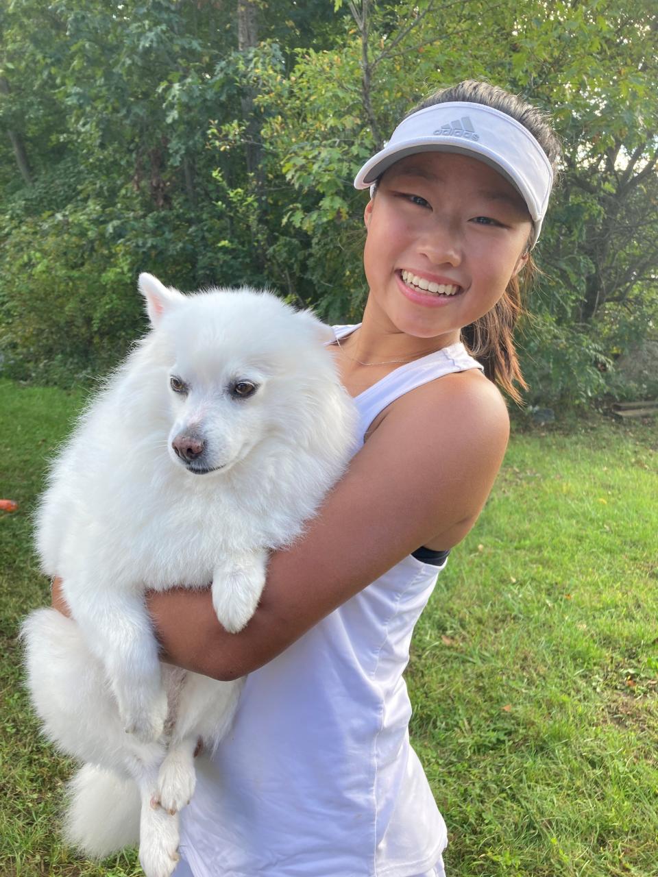 Whippany Park sophomore Audrey Rha celebrates after winning first singles at the girls tennis Morris County Tournament on Oct. 2, 2023. She is believed to be Whippany Park's first MCT tennis champion.