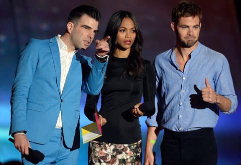 Star Trek Into Darkness stars Chris Pine, Zoe Saldana and Zachary Quinto present the award for best fight.