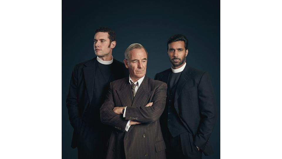 Tom Brittney, Robson Green and Rishi Nair in Grantchester