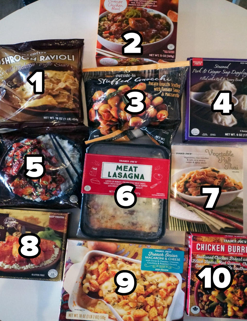 Different frozen Trader Joe's meals on a tabletop