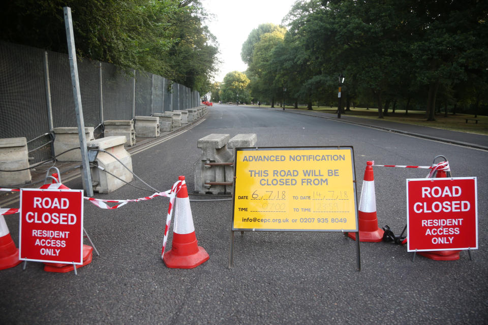 A road is closed as part of security preparations near the U.S. Ambassador's residence Winfield House, in Regent's Park, London, ahead of&nbsp;Trump's visit to the U.K.&nbsp; (Photo: Yui Mok - PA Images via Getty Images)
