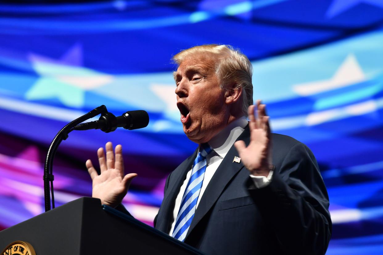 President Donald Trump had a lot to say about guns at this year's NRA convention.&nbsp;But the facts are more complicated than he let on. (Photo: NICHOLAS KAMM/Getty Images)