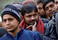 India's left-wing youth leader Kanhaiya Kumar gestures as he attends a protest against the attacks on the students of Jawaharlal Nehru University, in New Delhi