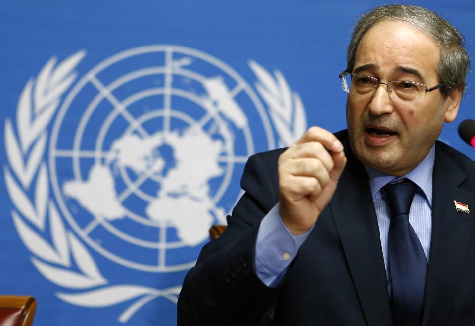 Syrian Deputy Foreign Minister Meqdad addresses the media after a meeting at the Geneva Conference on Syria at the UN in Geneva