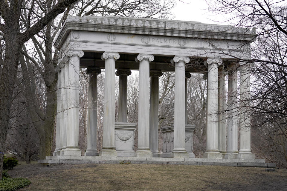 The mausoleum for Potter and Bertha Palmer, who are best known for building the Palmer House Hotel, rises high on a small hill in the deepest section of Graceland Cemetery, on Chicago's Northside Monday, March 15, 2021. Graceland quickly became the preeminent place of burial for Chicago's elite starting in the late 1800's. (AP Photo/Charles Rex Arbogast)