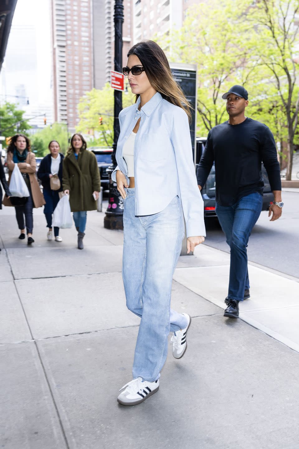 kendall jenner wearing adidas sambas while walking in new york city