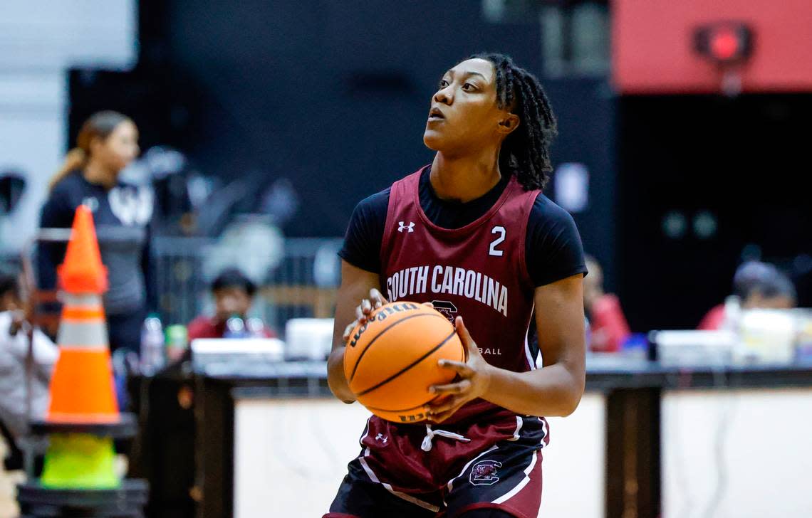 Ashlyn Watkins (2) shoots the ball as the Gamecocks hold their first team practice in the Carolina Coliseum on Wednesday, Sept. 28, 2022.