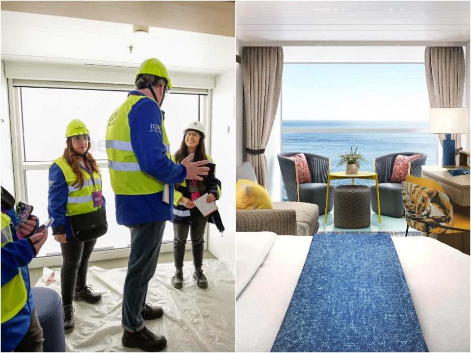 A collage of the rendering of the family infinite ocean view balcony stateroom with what it looks like under construction with people