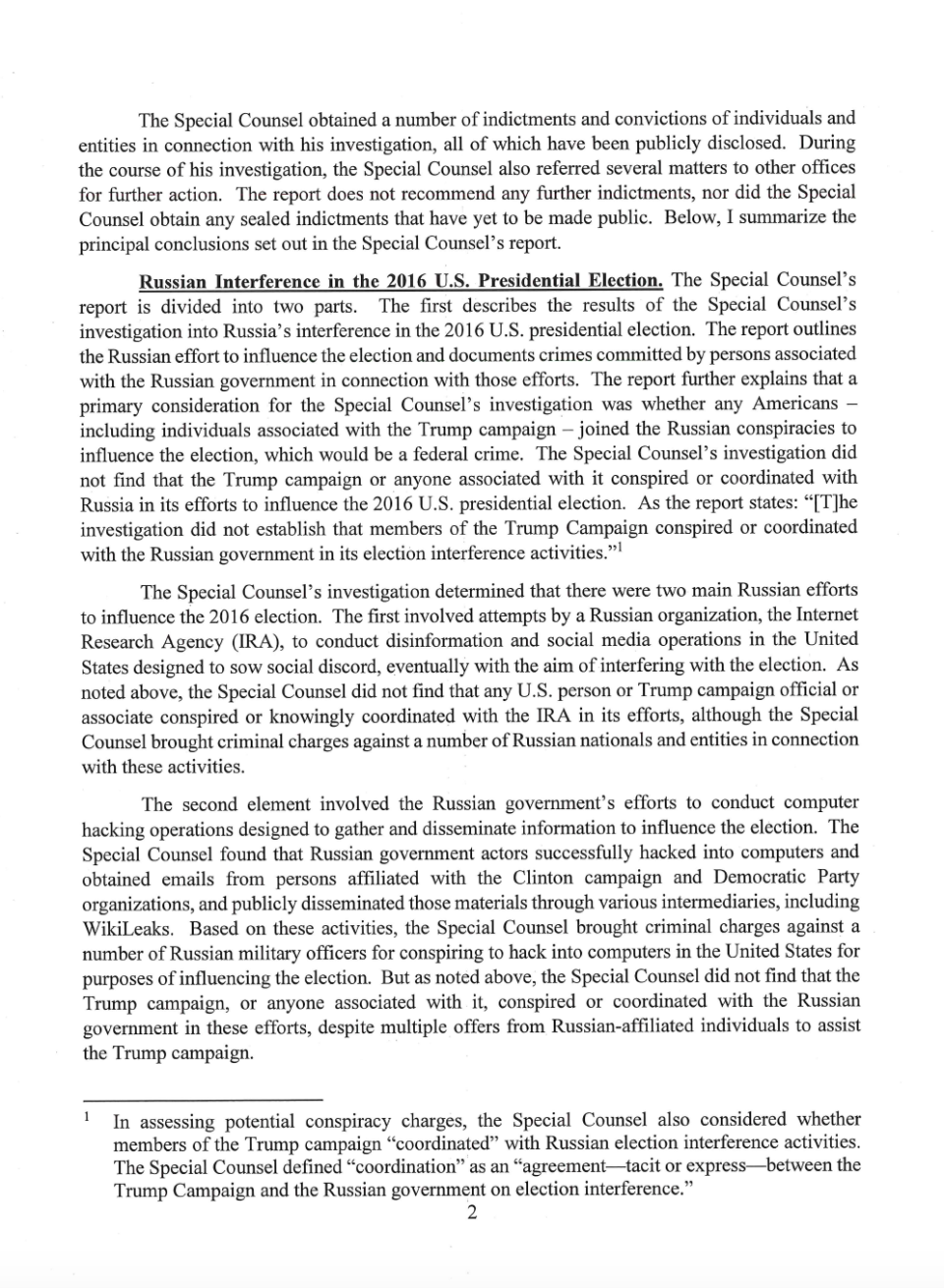 Page 2 of Attorney General William Barr's letter to Congress on Special Counsel Robert Mueller's report.