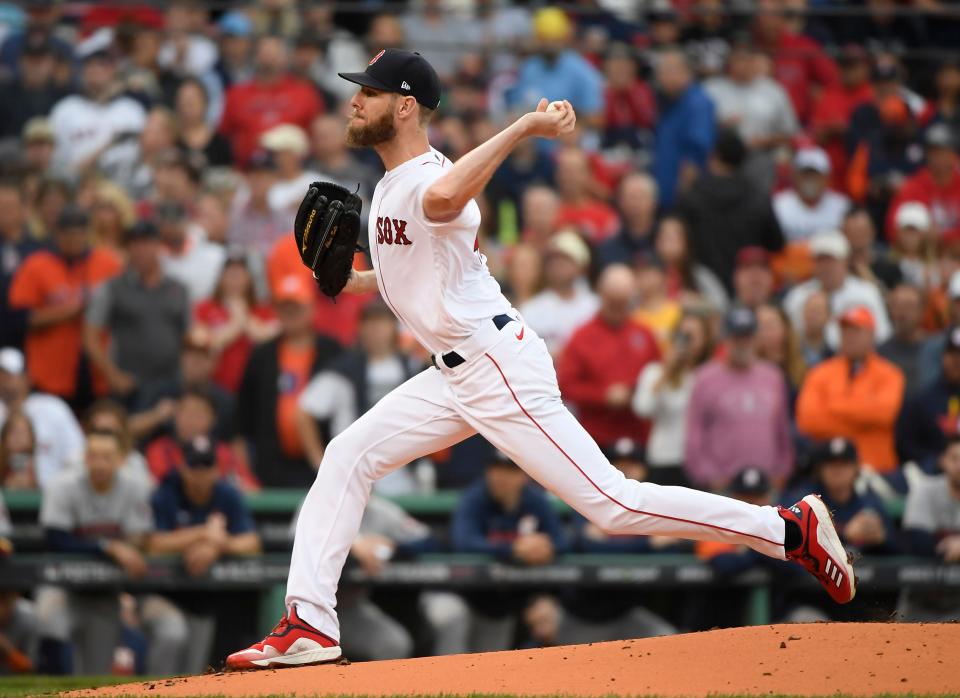 Red Sox starter Chris Sale throws a pitch against the Houston Astros during the 2021 American League Championship Series in October at Fenway Park.