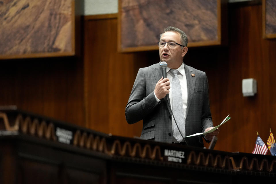 Arizona State Speaker of the House Ben Toma, R, speaks on the House floor, Wednesday, April 17, 2024, at the Capitol in Phoenix. House Republicans have again blocked an effort for the chamber to take up legislation that would repeal Arizona’s near-total ban on abortions. (AP Photo/Matt York)