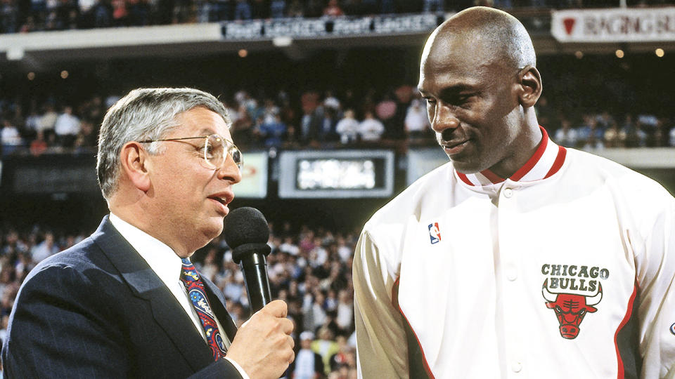 NBA Commissioner David Stern presents Michael Jordan the 1992 NBA MVP Award.