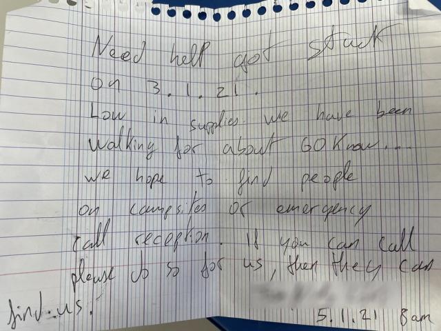 The couple left this note behind in an attempt to get help. Source: Royal Flying Doctor Service
