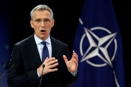 NATO Secretary-General Jens Stoltenberg addresses a news conference ahead of a NATO defence ministers meeting at the Alliance headquarters in Brussels, Belgium, February 13, 2018. REUTERS/Francois Lenoir