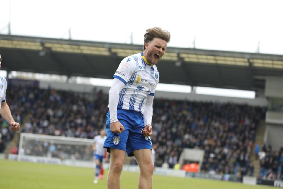 Joy - Noah Chilvers celebrates after giving Colchester United the lead against Crewe Alexandra <i>(Image: STEVE BRADING)</i>