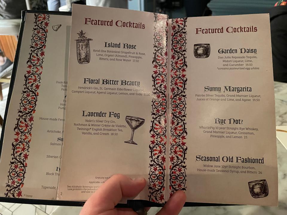 cocktail menu at enchanted rose lounge in disney's grand floridian resort
