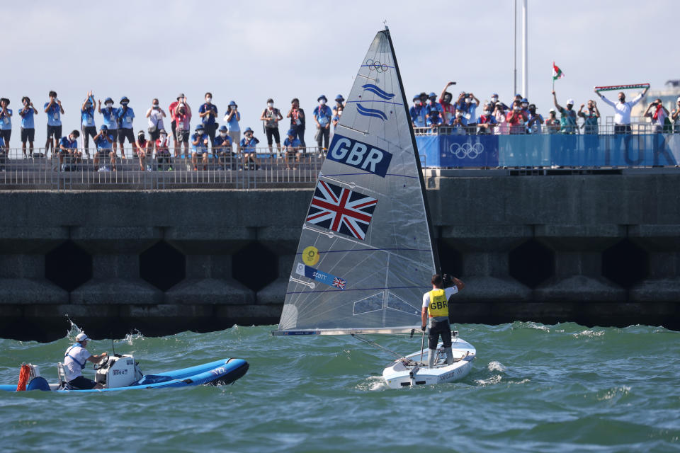 FUJISAWA, JAPAN - AUGUST 03: Giles Scott of Team Great Britain celebrates after winning gold in the Men's Finn class on day eleven of the Tokyo 2020 Olympic Games at Enoshima Yacht Harbour on August 03, 2021 in Fujisawa, Japan. (Photo by Phil Walter/Getty Images)