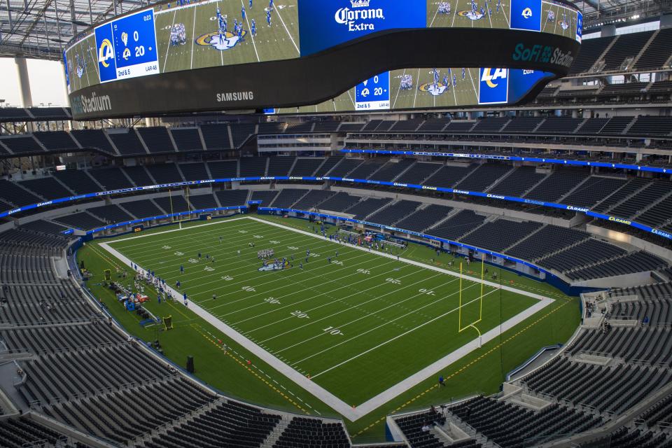 FILE - This Saturday, Aug. 22, 2020, file photo, shows an interior general view of SoFi Stadium, the future home of the Los Angeles Rams and the Los Angeles Chargers in Inglewood, Calif. The Chargers saw their new home at SoFi Stadium for the first time as a team Thursday, Aug. 27. But instead of conducting a scrimmage, the team canceled practice due to the recent shooting of Jacob Blake. Coach Anthony Lynn canceled practice after his players held a wide-ranging conversation in the locker room spurred by the shooting of Blake, a Black man, in Wisconsin last weekend. The Chargers were one of nine teams that called off practice. (AP Photo/Kyusung Gong, File)