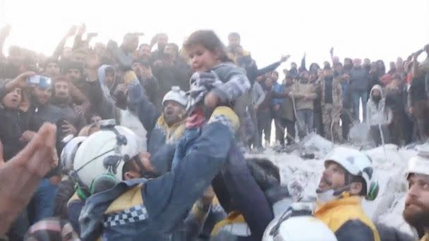 PHOTO: A family is rescued from rubble in this screengrab obtained from social media, in Bisnia, Syria, Feb. 7, 2023. (The White Helmets via Reuters)
