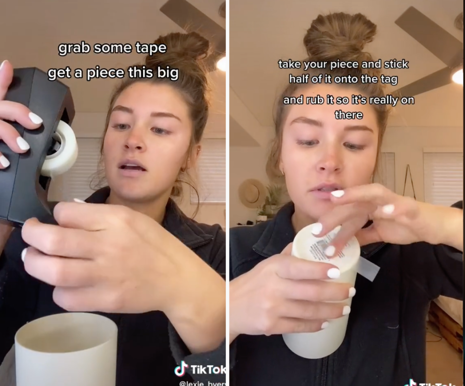 Lexie attaches tape sticker removing hack step on TikTok