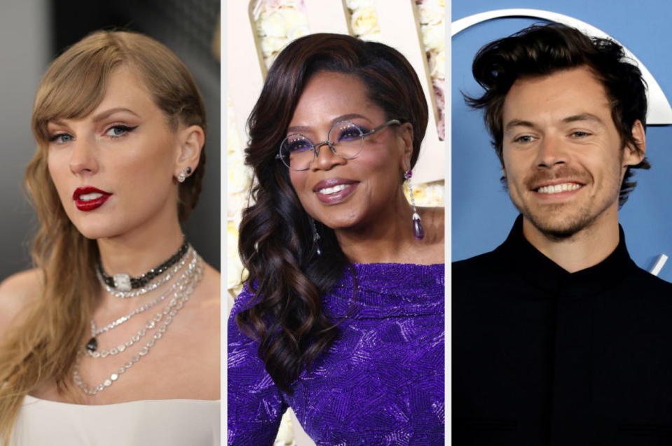Three separate images of Taylor Swift, Oprah Winfrey, and Harry Styles, each dressed elegantly