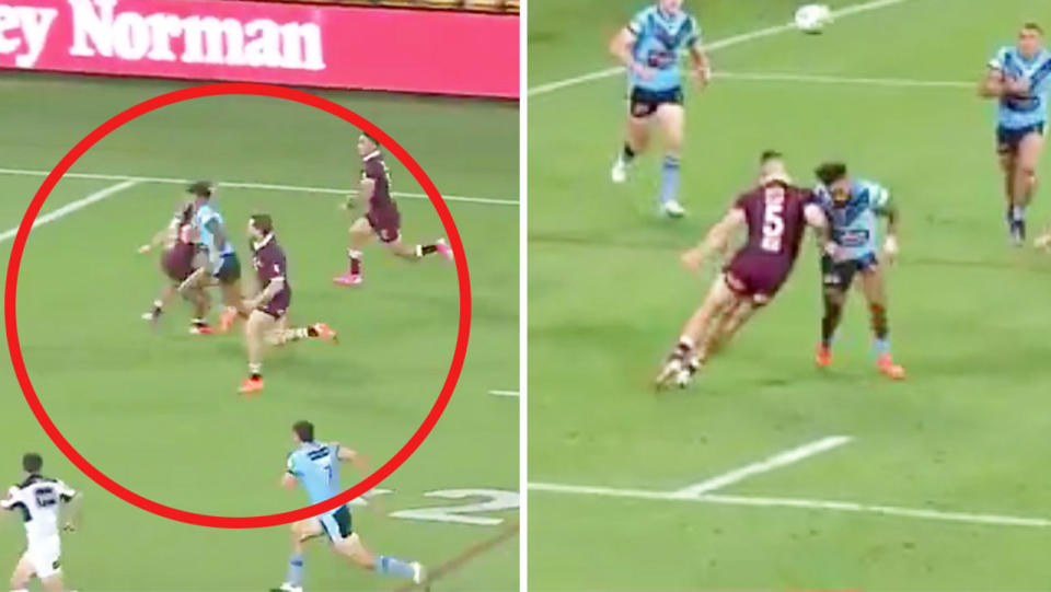 Corey Allan takes out Josh Addo-Carr (pictured) left), and shoulder charging him (pictured right).