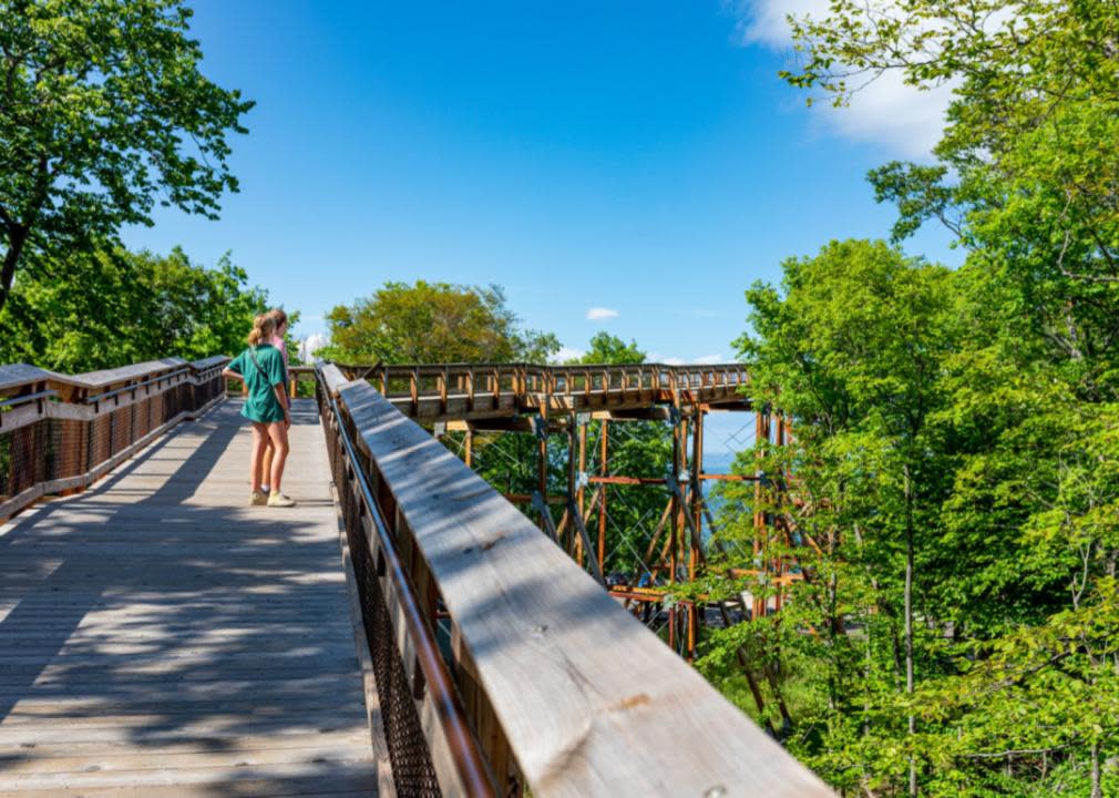 People standing on a wheelchair accessible ramp to an overlook.