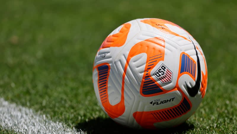 A soccer ball sits during a FIFA Women's World Cup send-off soccer match in San Jose, Calif., Sunday, July 9, 2023.