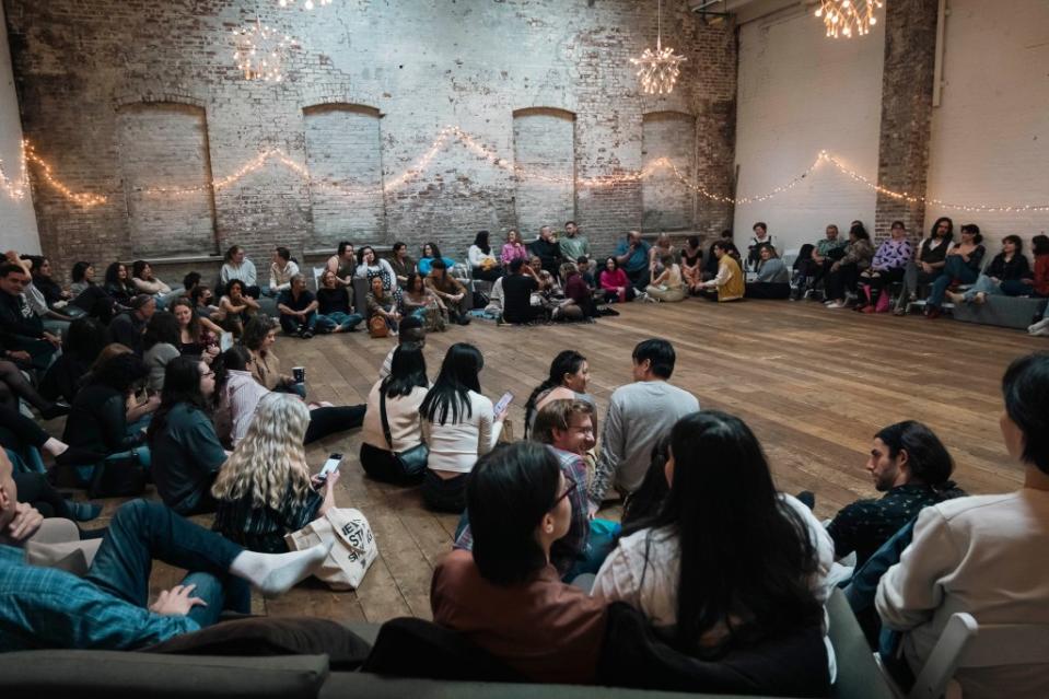 The events take place in the basement of a former church in Bushwick. Broadway stars Chibueze Ihuoma and Brit West of “Hadestown” dropped in last month for solos with more than 170 people harmonizing. Stefano Giovannini