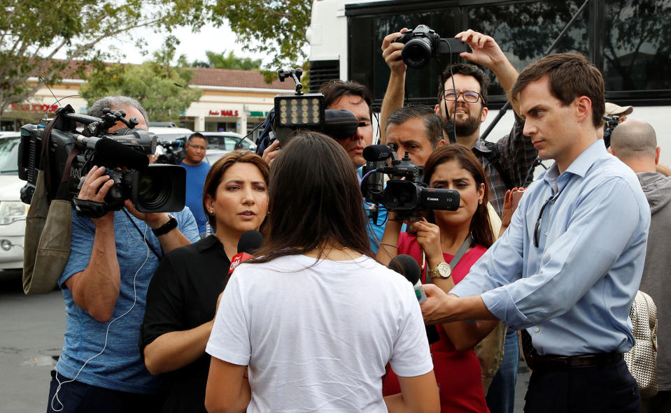 <p>A Marjory Stoneman Douglas High School student speaks to the media before boarding a bus with other students to travel to Tallahassee, Florida, to meet with legislators, in Coral Springs, Fla., Feb. 20, 2018. (Photo: Joe Skipper/Reuters) </p>