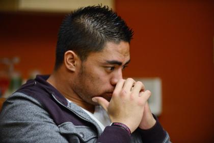 Notre Dame linebacker Manti Te'o pauses during an interview with ESPN on Friday, Jan. 18, 2013, in Bradenton, Fla. ESPN says Te'o maintains he was never involved in creating the dead girlfriend hoax. He said in the off-camera interview: 