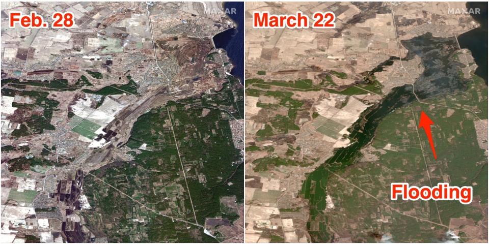 Side by side images of the Irpin river basin.