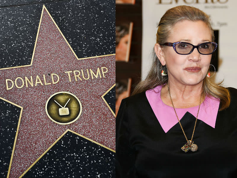 People on Twitter are suggesting that Donald Trump's Walk of Fame star gets replaced with one for Carrie Fisher. (Photo: Getty Images)