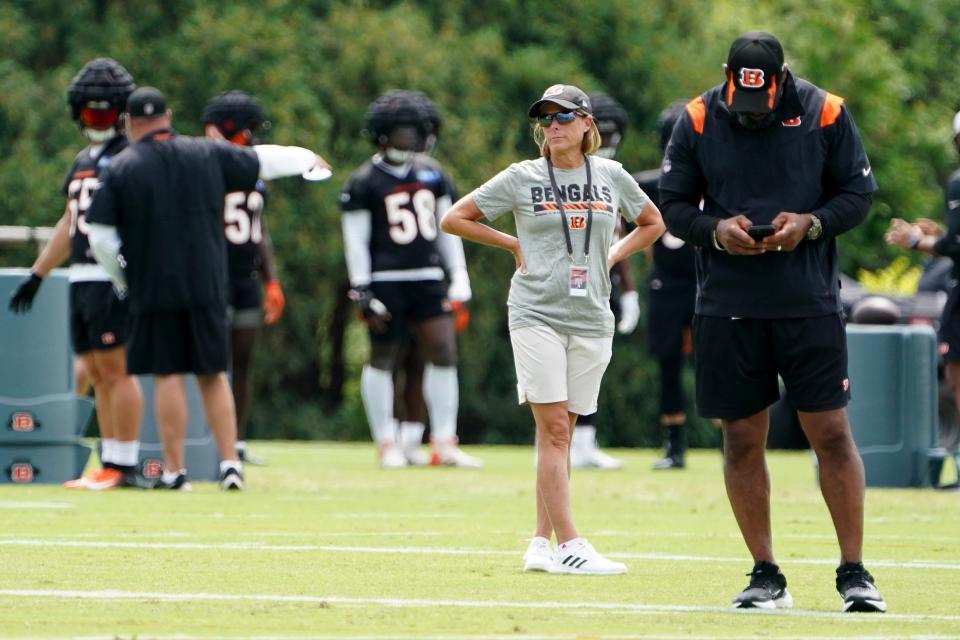 Cincinnati Bengals Executive Vice President Katie Blackburn observes practice during Cincinnati Bengals training camp practice, Monday, Aug. 1, 2022, at the practice fields next to Paul Brown Stadium in Cincinnati.